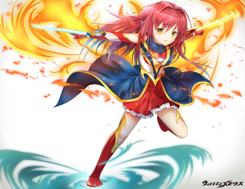 1girl, attack, bangs, blue_dress, boots, clenched_hand, commentary_request, copyright_name, diffraction_spikes, dress, dual_wielding, elbow_gloves, energy_sword, eyebrows_visible_through_hair, fire, full_body, genderswap, genderswap_(mtf), gloves, glowing, hair_between_eyes, hair_intakes, headgear, highres, long_hair, looking_at_viewer, mebius_phoenix_brave, multicolored, multicolored_clothes, multicolored_dress, one_leg_raised, outstretched_arms, parted_lips, personification, petticoat, pyrokinesis, red_boots, red_gloves, red_skirt, redhead, running, shiny, shiny_hair, simple_background, skirt, solo, spread_arms, sword, taro_(ultrataro), thigh-highs, thigh_boots, ultra_series, ultraman_mebius, ultraman_mebius_(series), weapon, white_background, wind, yellow_eyes
