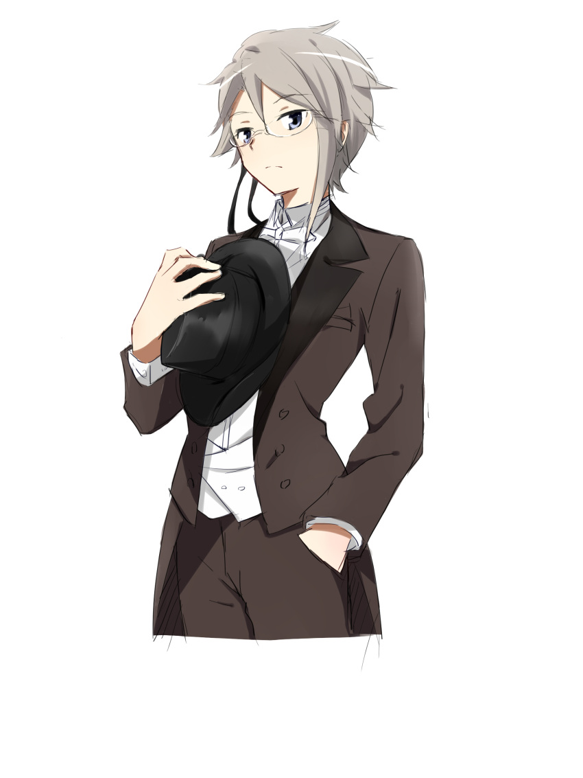 1girl, absurdres, ange_(princess_principal), crossdressinging, formal, glasses, grey_hair, hand_in_pocket