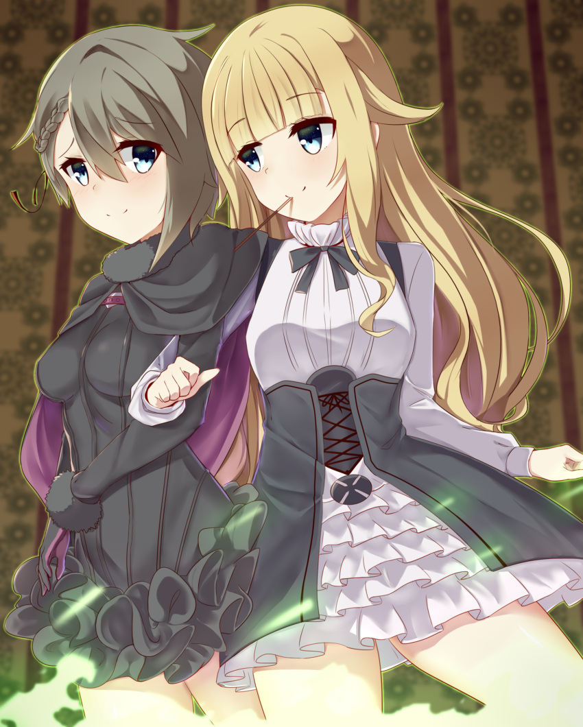 2girls, ange_(princess_principal), blonde_hair, blush, couple, ddt_(darktrident), food, grey_hair, highres, locked_arms, long_hair, multiple_girls, pocky, princess_(princess_principal), princess_principal, scape, school_uniform, short_hair, shy, smile, yuri