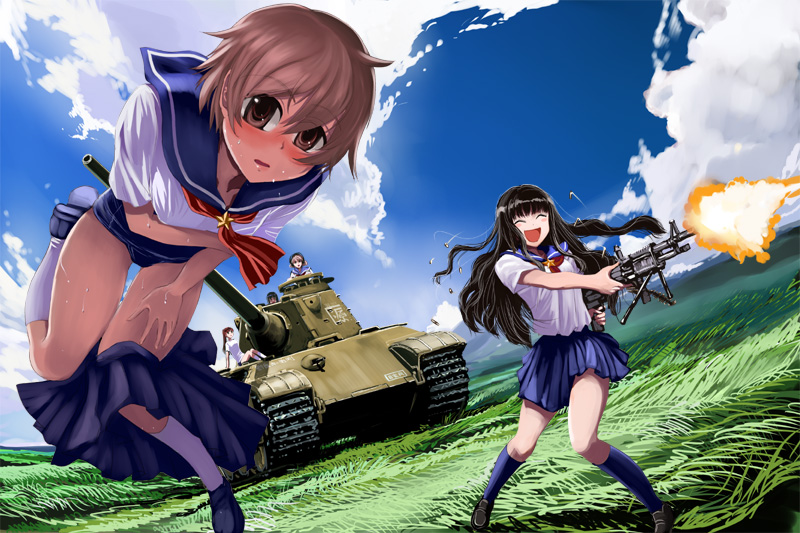 5girls, black_hair, blush, brown_eyes, character_request, clouds, day, grass