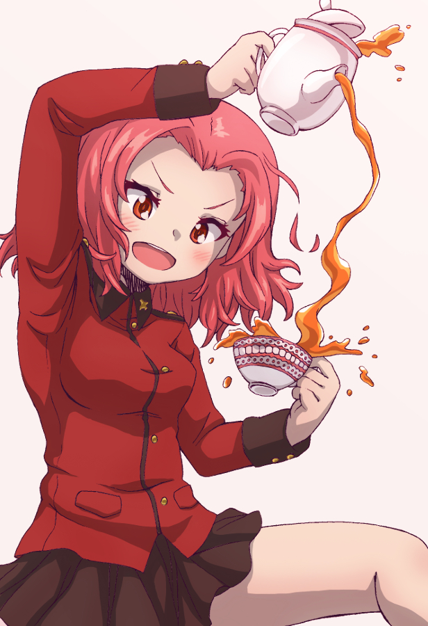 1girl, bangs, black_skirt, brown_eyes, commentary_request, cup, epaulettes, girls_und_panzer