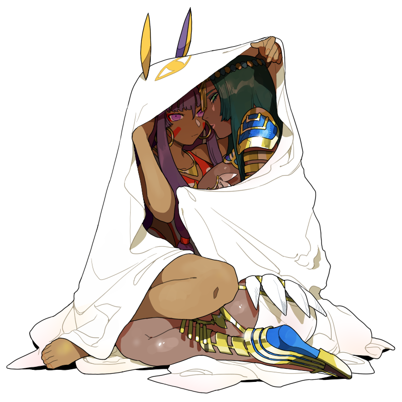 2girls, animal_ears, arms_up, ass, bangs, bare_arms, barefoot, bed_sheet, black_hair, blunt_bangs, boots, breasts, closed_mouth, commentary_request, dark_skin, earrings, ears_through_headwear, facial_mark, fate/grand_order, fate_(series), fingernails, green_eyes, green_hair, hair_between_eyes, hoop_earrings, jewelry, large_breasts, lipstick, long_hair, looking_at_viewer, makeup, michiru_(amphibian), multiple_girls, necklace, nitocris_(fate/grand_order), nitocris_(swimsuit_assassin)_(fate), parted_lips, pink_lipstick, purple_hair, rabbit_ears, scheherazade_(fate/grand_order), simple_background, violet_eyes, white_background, yuri