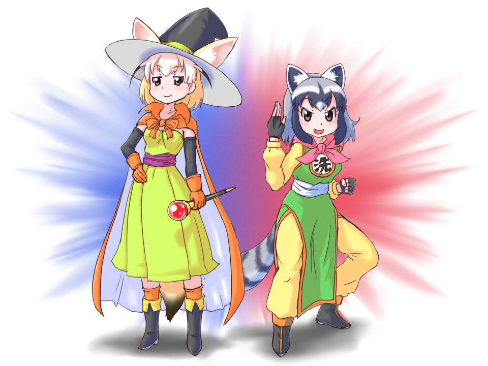 2girls, :d, animal_ears, black_boots, black_hair, blonde_hair, blush, boots