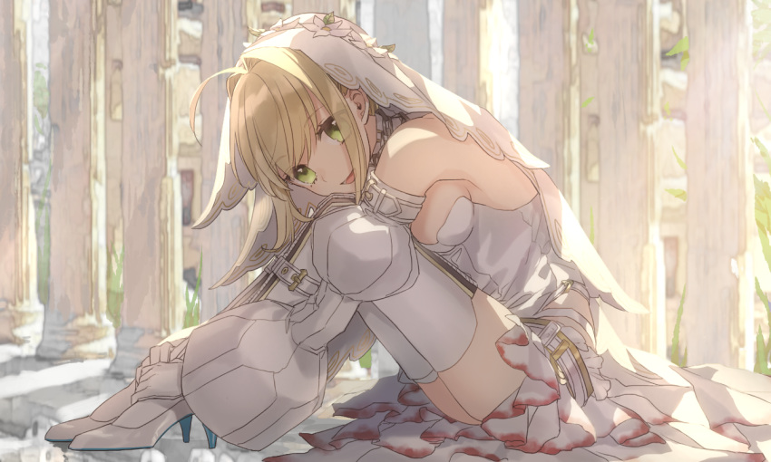 1girl, :d, ahoge, akamakoto, bangs, bare_shoulders, belt, blonde_hair