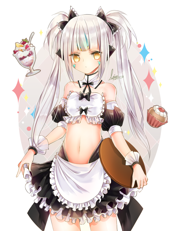 1girl, apron, black_bow, black_ribbon, black_skirt, bow, choker, cowboy_shot