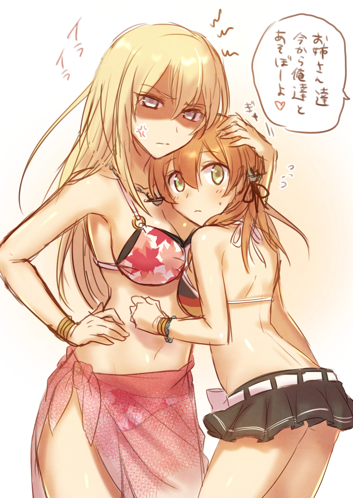 >:|, 2girls, anchor_hair_ornament, anger_vein, angry, arched_back, arm_at_side, armpits