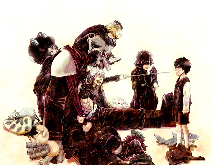 6+boys, animal_hat, belphegor_(reborn), bird, blonde_hair, boots, child, everyone, fran_(reborn), frog, gola_mosca, green_eyes, green_hair, grey_hair, grin, hair_over_eyes, hat, highres, katekyo_hitman_reborn, levi-a-thon, lussuria_(reborn), mammon_(reborn), multiple_boys, necktie, peacock, pullover, purple_hair, robot, sekika, shark, simple_background, smile, superbi_squalo, sweater, sword, tiara, toy, varia, weapon, xanxus