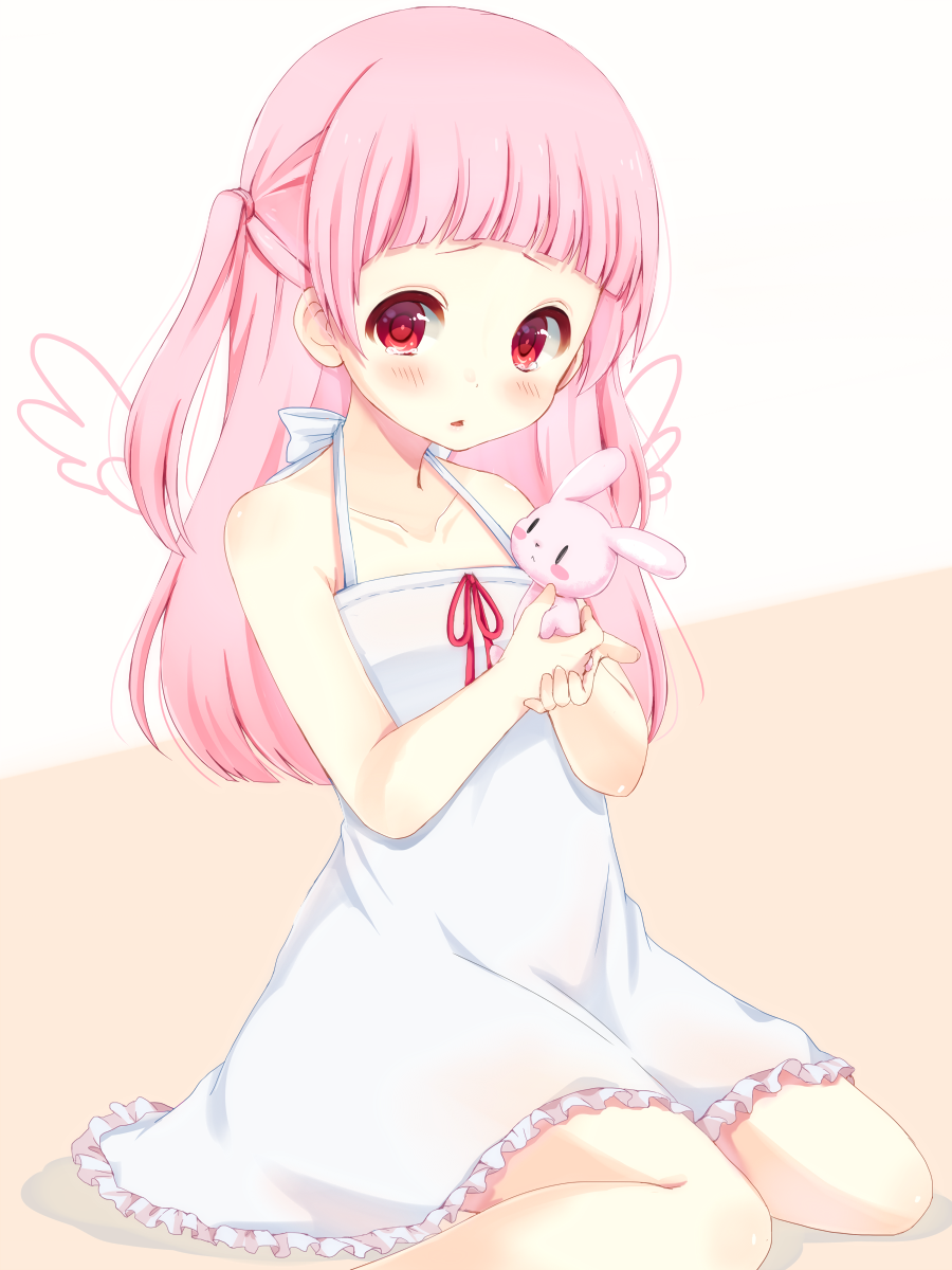 1girl, angel_wings, child, dress, highres, holding, knees_together_feet_apart, long_hair, nukochan, original, pink_hair, red_eyes, sitting, solo, stuffed_toy, tears, twintails, two_side_up, white_dress, wings