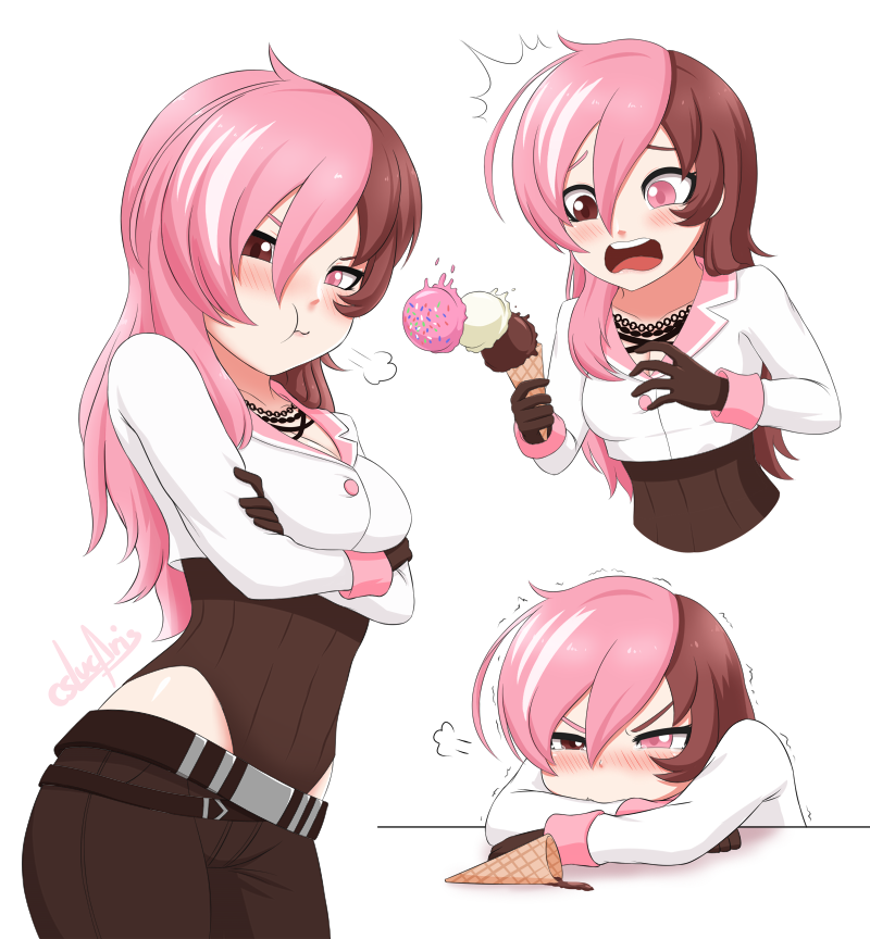:t, =3, belt, blush, brown_eyes, brown_hair, cropped_torso, crossed_arms