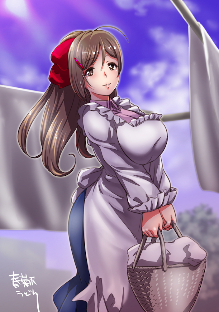 1girl, artist_name, basket, bed_sheet, bow, breasts, brown_eyes, brown_hair