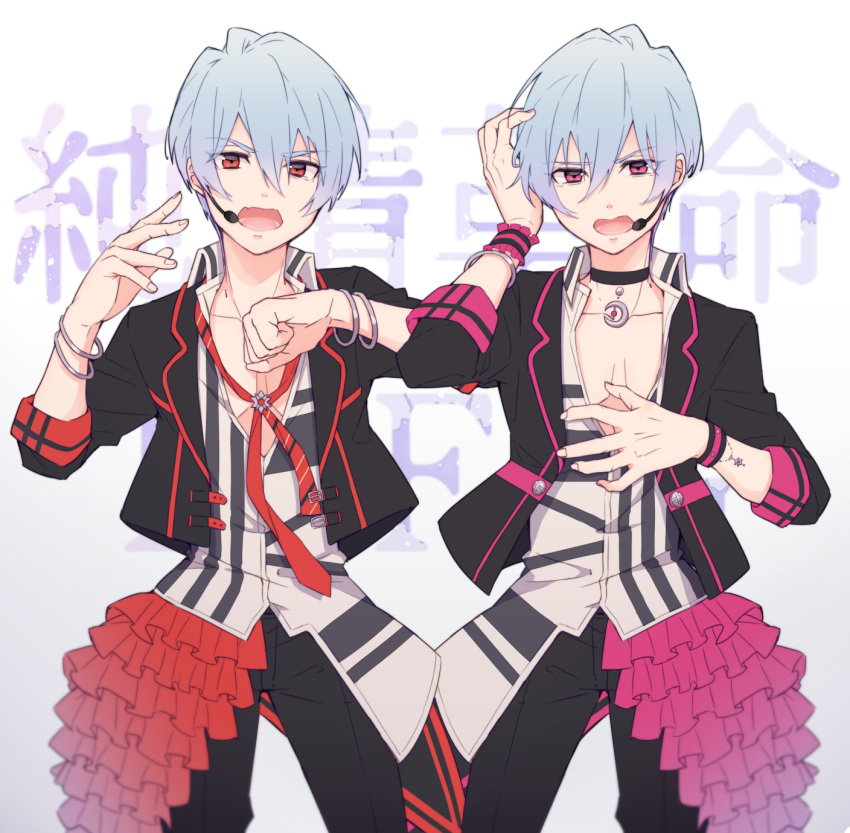 2boys, asymmetrical_clothes, beppu_akihiko, beppu_haruhiko, binan_koukou_chikyuu_bouei-bu_love!, blue_hair, bracelet, brothers, choker, cowboy_shot, eyebrows_visible_through_hair, fang, frills, hair_between_eyes, hand_in_hair, headset, highres, idol, jewelry, male_focus, multiple_boys, music, pectorals, pink_eyes, red_eyes, sash, siblings, singing, twins, undone_necktie
