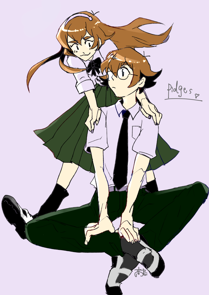 2girls, artist_request, black_necktie, brown_hair, character_name, dual_persona, eyelashes, female