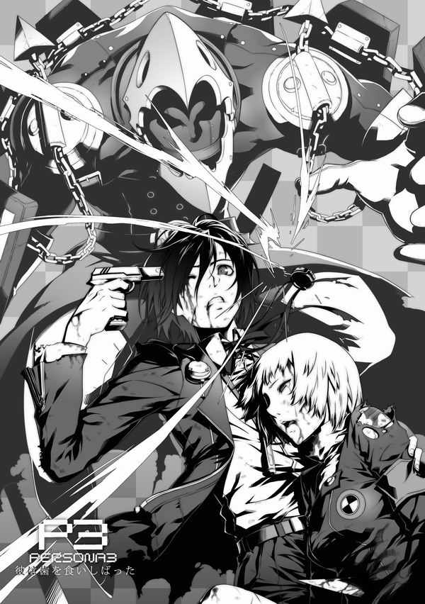 blood, eika_(artist), evoker, gun, gun_to_head, monochrome, persona, persona_3