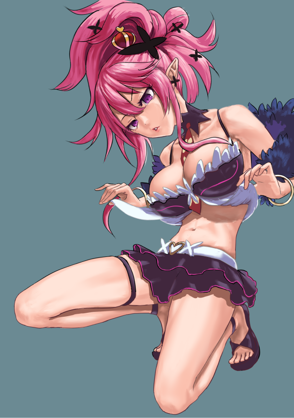 1girl, between_breasts, black_skirt, blue_background, bracelet, breasts, cleavage, crown