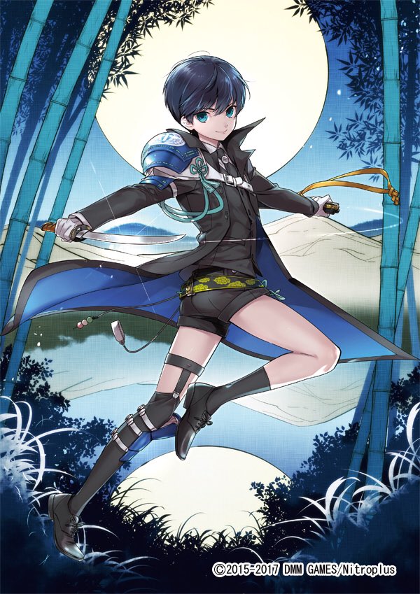 1boy, armor, asymmetrical_legwear, bamboo, bamboo_forest, black_legwear, black_necktie, blue_eyes