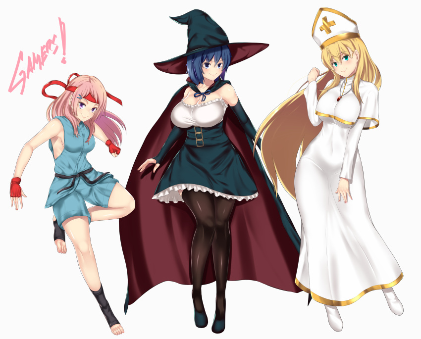 3girls, absurdres, aguri_(gamers!), aster_crowley, black_hair, blonde_hair, blue_eyes, cosplay