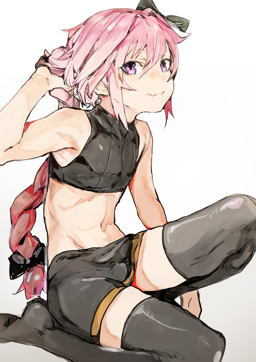 1boy, bangs, bare_arms, bare_shoulders, black_legwear, black_ribbon, black_shirt, black_shorts