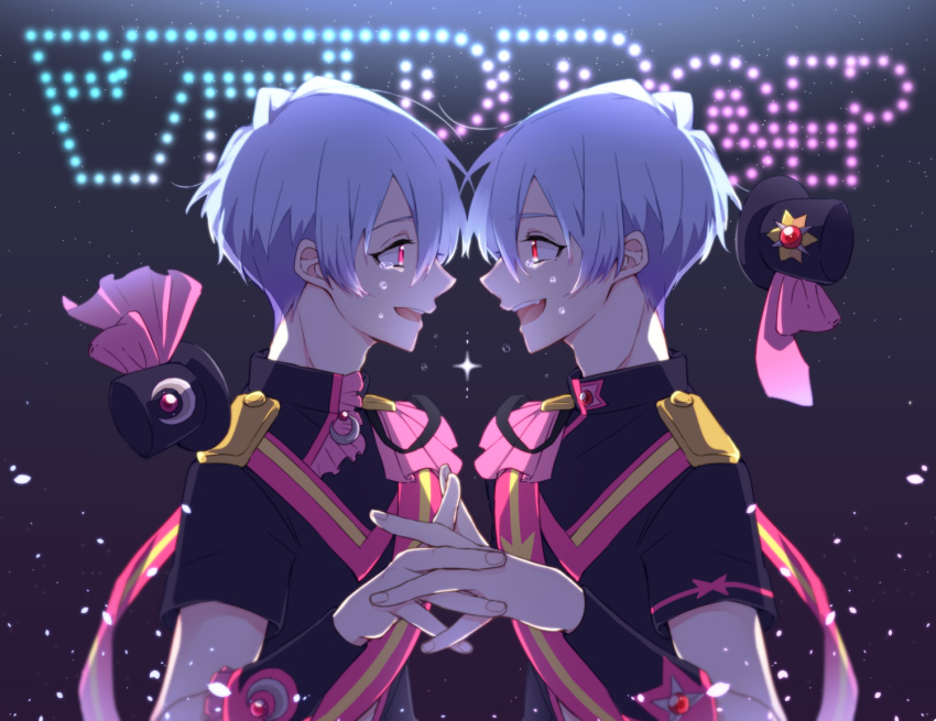 2boys, beppu_akihiko, beppu_haruhiko, binan_koukou_chikyuu_bouei-bu_love!, hand_holding, idol, interlocked_fingers, magical_boy