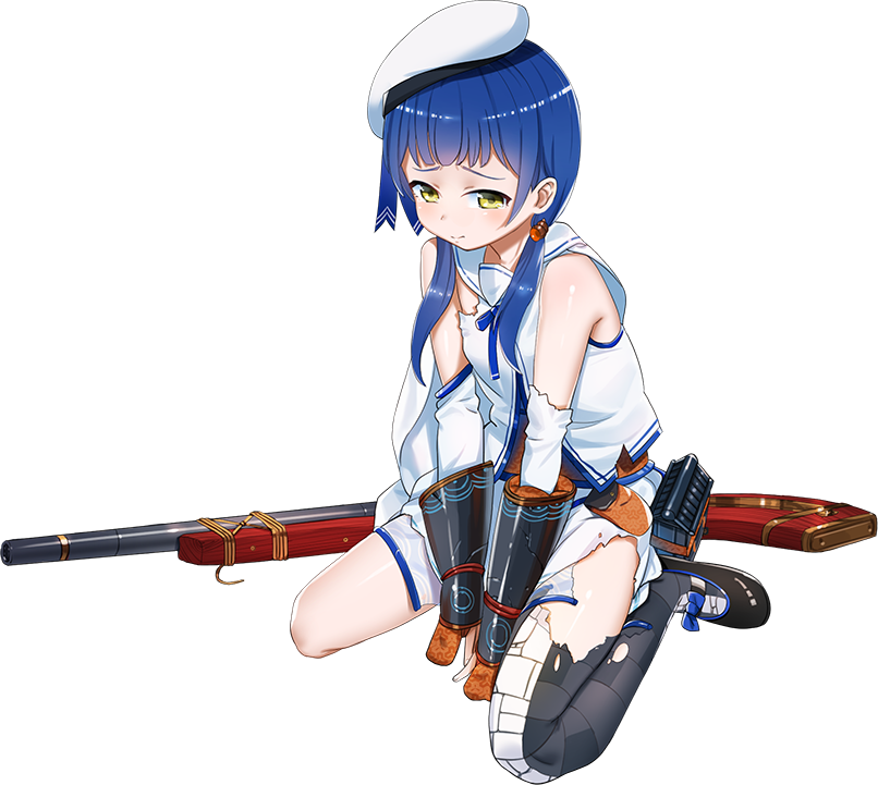 1girl, antique_firearm, bangs, beret, black_shoes, blue_hair, blunt_bangs, detached_sleeves