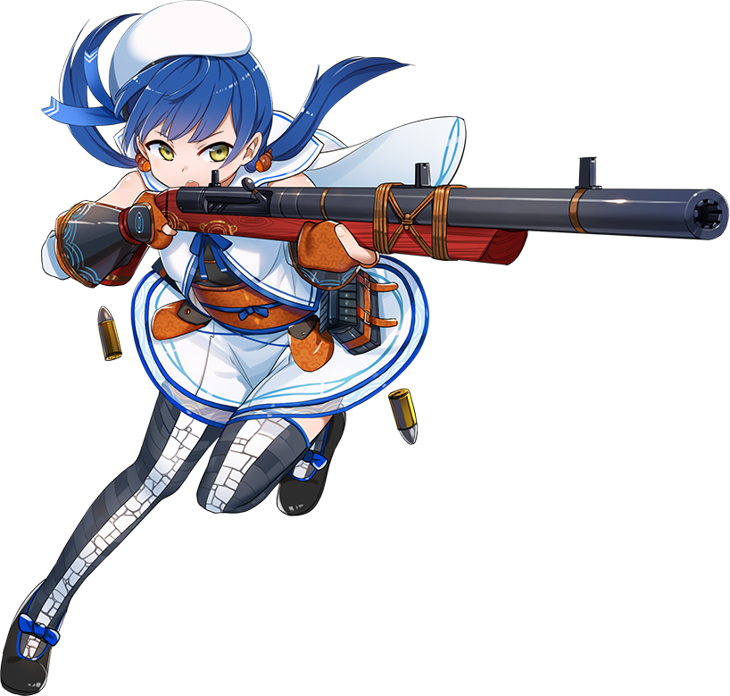 >:o, 1girl, :o, antique_firearm, bangs, beret, black_shoes, blue_hair, blunt_bangs, detached_sleeves, firearm, firelock, flintlock, full_body, gloves, gun, hat, imai_hiyoko, looking_at_viewer, mary_janes, nakatsu_(oshiro_project), official_art, oshiro_project, oshiro_project_re, partly_fingerless_gloves, shoes, solo, transparent_background, twintails, weapon, yellow_eyes