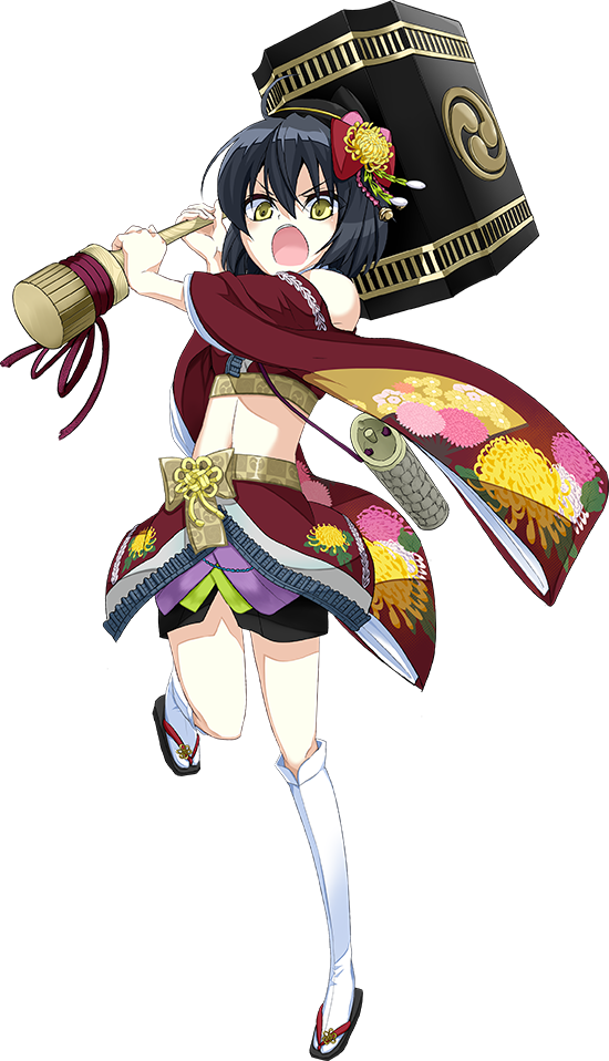 >:d, 1girl, :d, black_hair, full_body, hair_ornament, hammer, hat