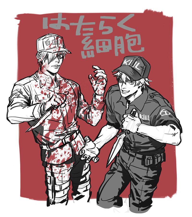 2boys, baseball_cap, blood, blood_on_face, bloody_clothes, copyright_name, gloves, grin