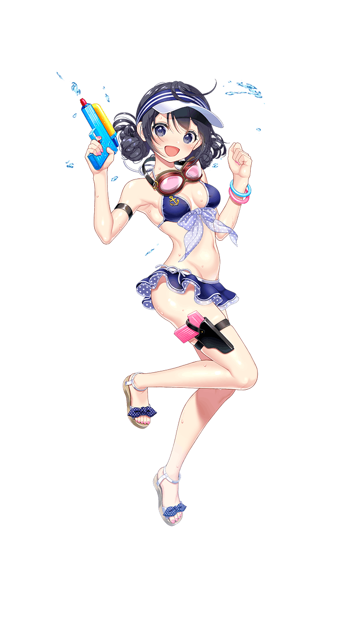1girl, bikini, black_hair, blue_eyes, breasts, cleavage, double_bun, formation_girls