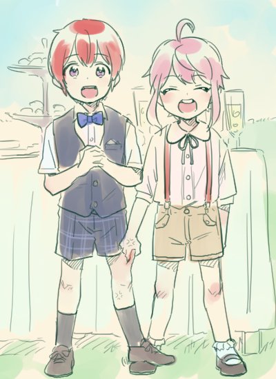 2boys, ahoge, anger_vein, bow, bowtie, child, ensemble_stars!, green_eyes