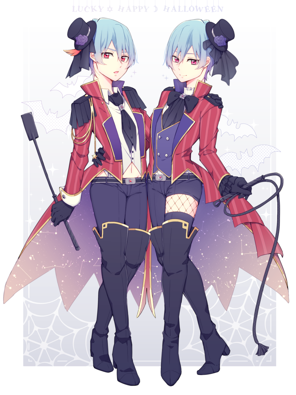 2boys, asymmetrical_legwear, bat, beppu_akihiko, beppu_haruhiko, binan_koukou_chikyuu_bouei-bu_love!, blue_hair, boots