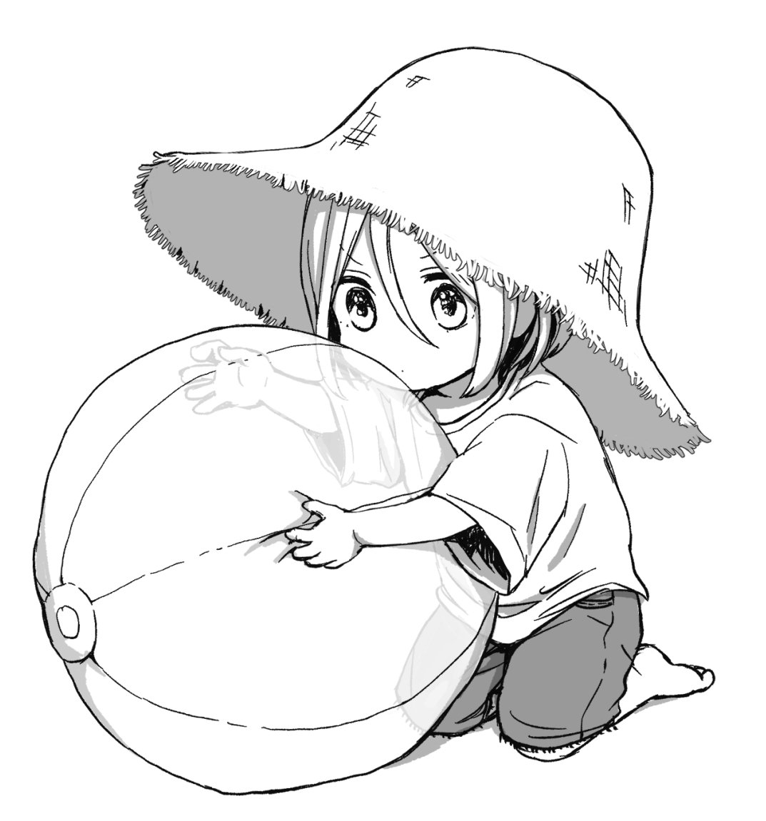 1boy, ball, beachball, child, greyscale, hat, idolmaster, idolmaster_side-m