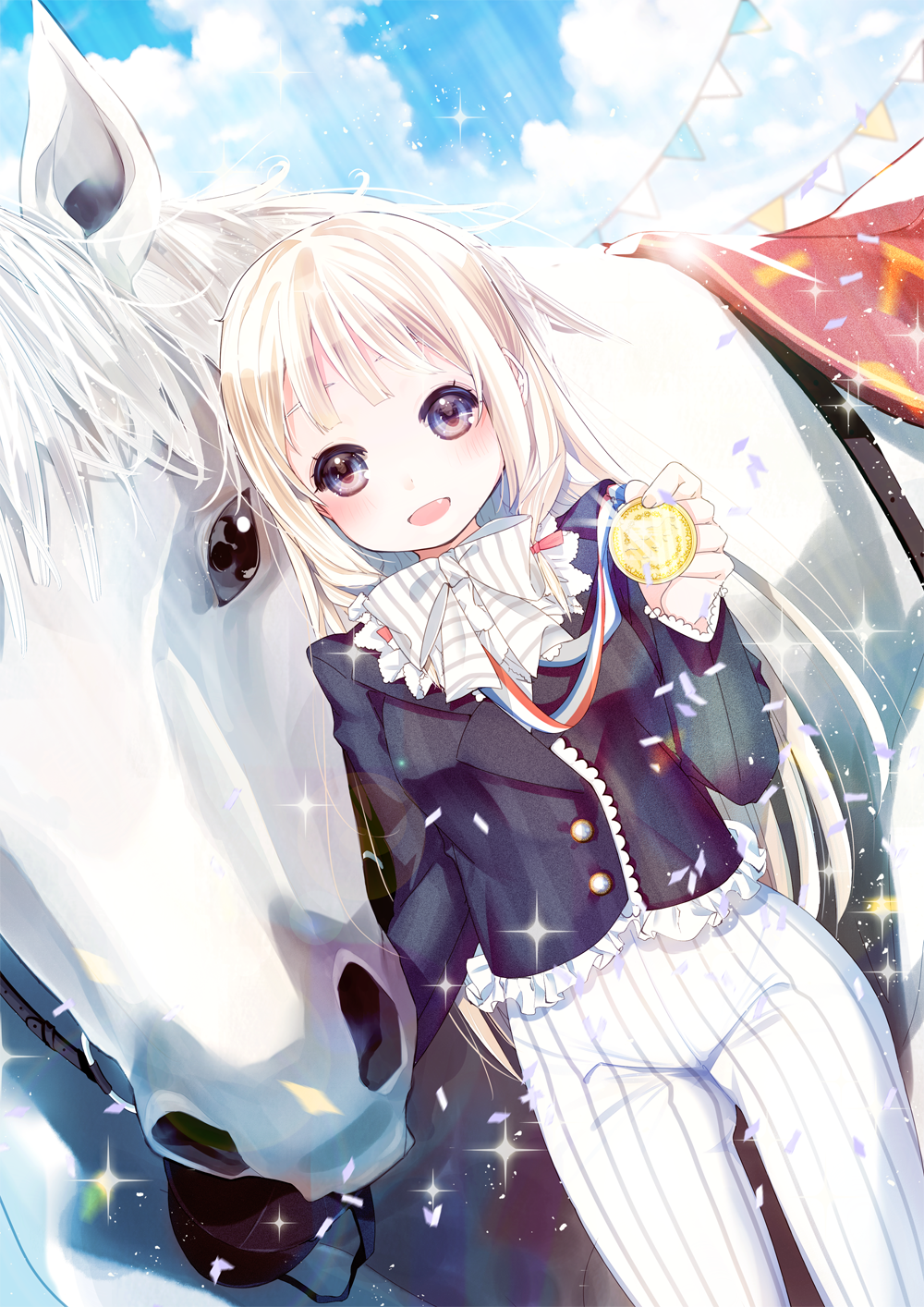 1girl, :o, black_eyes, blonde_hair, blue_sky, bow, clouds, dutch_angle