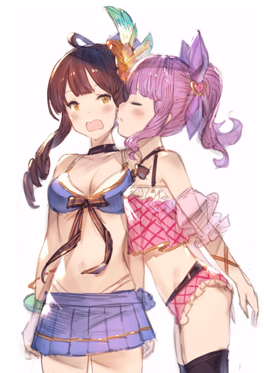 2girls, :0, :o, arm, arm_at_side, arm_behind_back, arms_behind_back, bare_arms, bare_legs, bare_shoulders, bikini, black_choker, black_legwear, blue_skirt, blush, braid, breasts, brown_hair, cheek_kiss, choker, cleavage, closed_eyes, couple, diantha_(granblue_fantasy), embarrassed, feathers, female, granblue_fantasy, hair_feathers, hair_ribbon, hanarito, highres, incipient_kiss, kiss, lavender_hair, legs, linaria_(granblue_fantasy), long_hair, looking_at_viewer, medium_breasts, midriff, multiple_girls, navel, neck, open_mouth, pleated_skirt, ponytail, ribbon, see-through, short_hair, shy, skirt, small_breasts, standing, swimsuit, thigh-highs, wavy_mouth, white_background, yellow_eyes, yuri