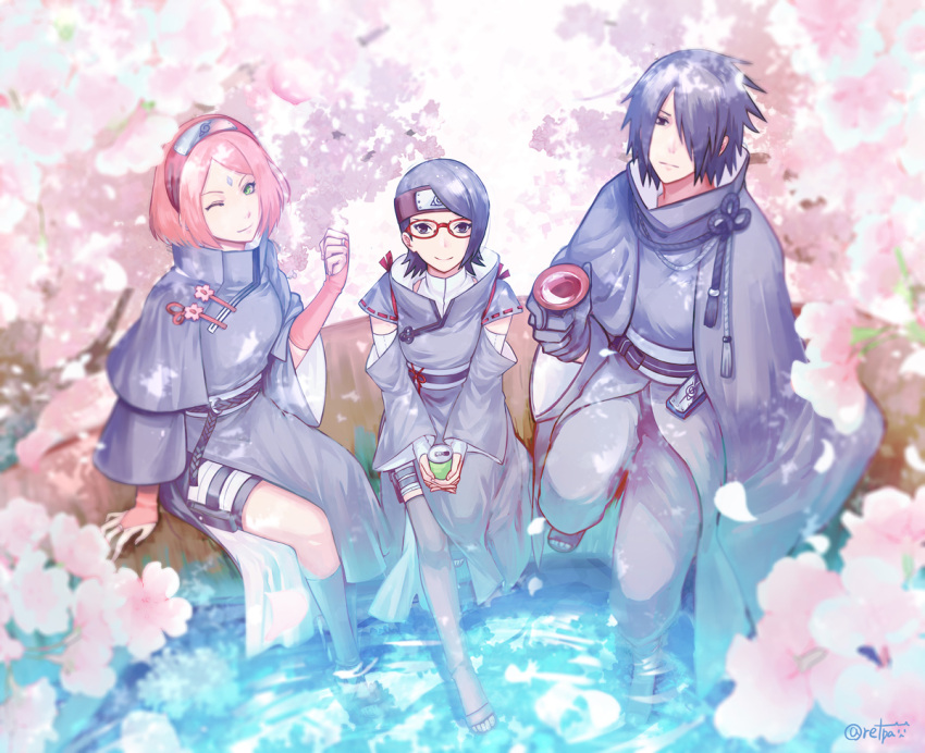 1boy, 2girls, alternate_costume, black_eyes, black_hair, boruto:_naruto_next_generations, can, cherry_blossoms