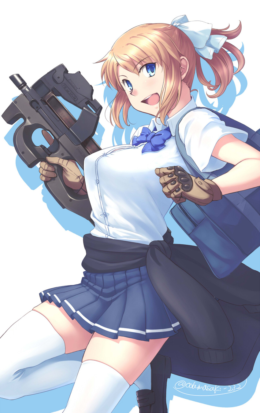 1girl, bag, blonde_girl_(itou), blonde_hair, blue_eyes, borrowed_character, breasts, bullpup, clothes_around_waist, gloves, gun, hair_ribbon, highres, jacket_around_waist, kneeling, leg_up, medium_breasts, oda_masaki_(b-minor), open_mouth, original, p90, pleated_skirt, ponytail, ribbon, school_bag, school_uniform, shadow, skirt, solo, submachine_gun, thigh-highs, trigger_discipline, weapon, white_background, white_legwear