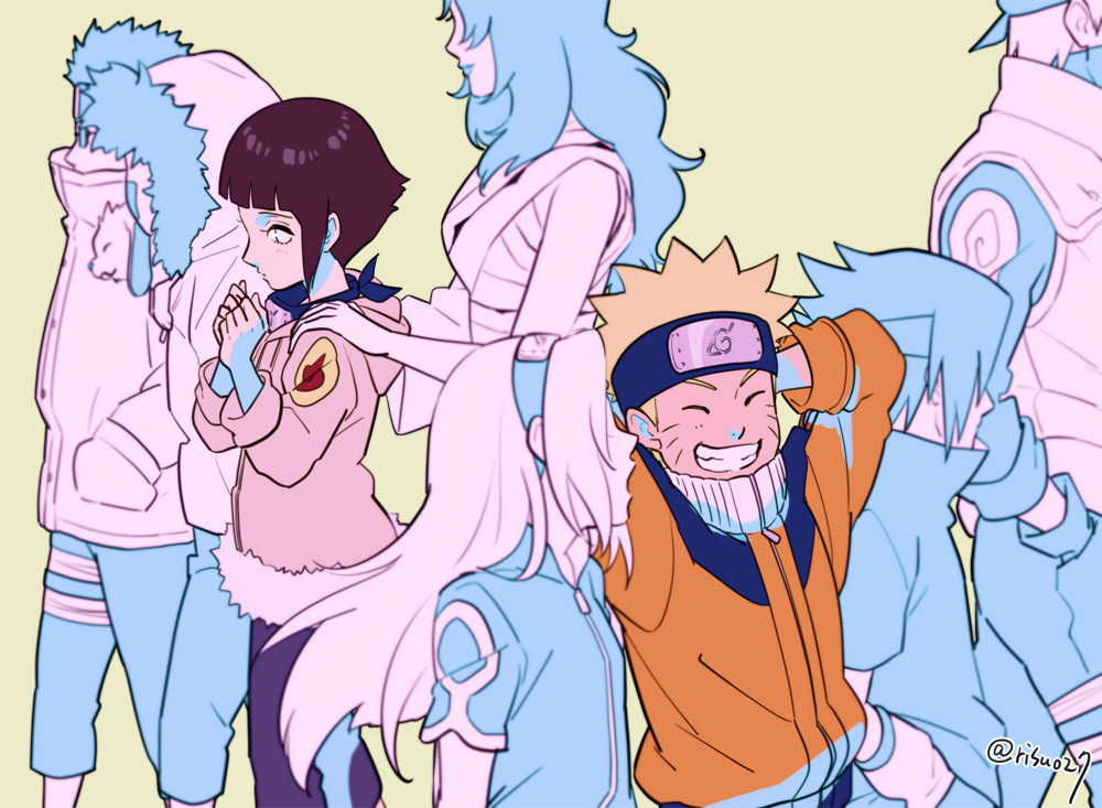 3girls, 5boys, aburame_shino, akamaru_(naruto), black_hair, blonde_hair, closed_eyes, dog