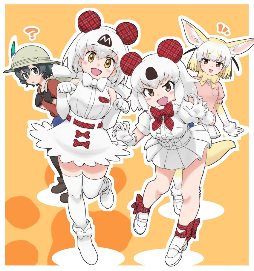 4girls, alternate_hair_color, animal_ears, common_raccoon_(kemono_friends), fang, fennec_(kemono_friends), gloves, highres