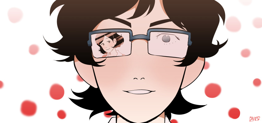 1boy, 1girl, absurdres, black_eyes, black_hair, eye_reflection, face, glasses, highres, ksyjkysk, kurokami_no_otome, reflection, senpai_(yoru_wa_mijikashi_arukeyo_otome), short_hair, yoru_wa_mijikashi_arukeyo_otome