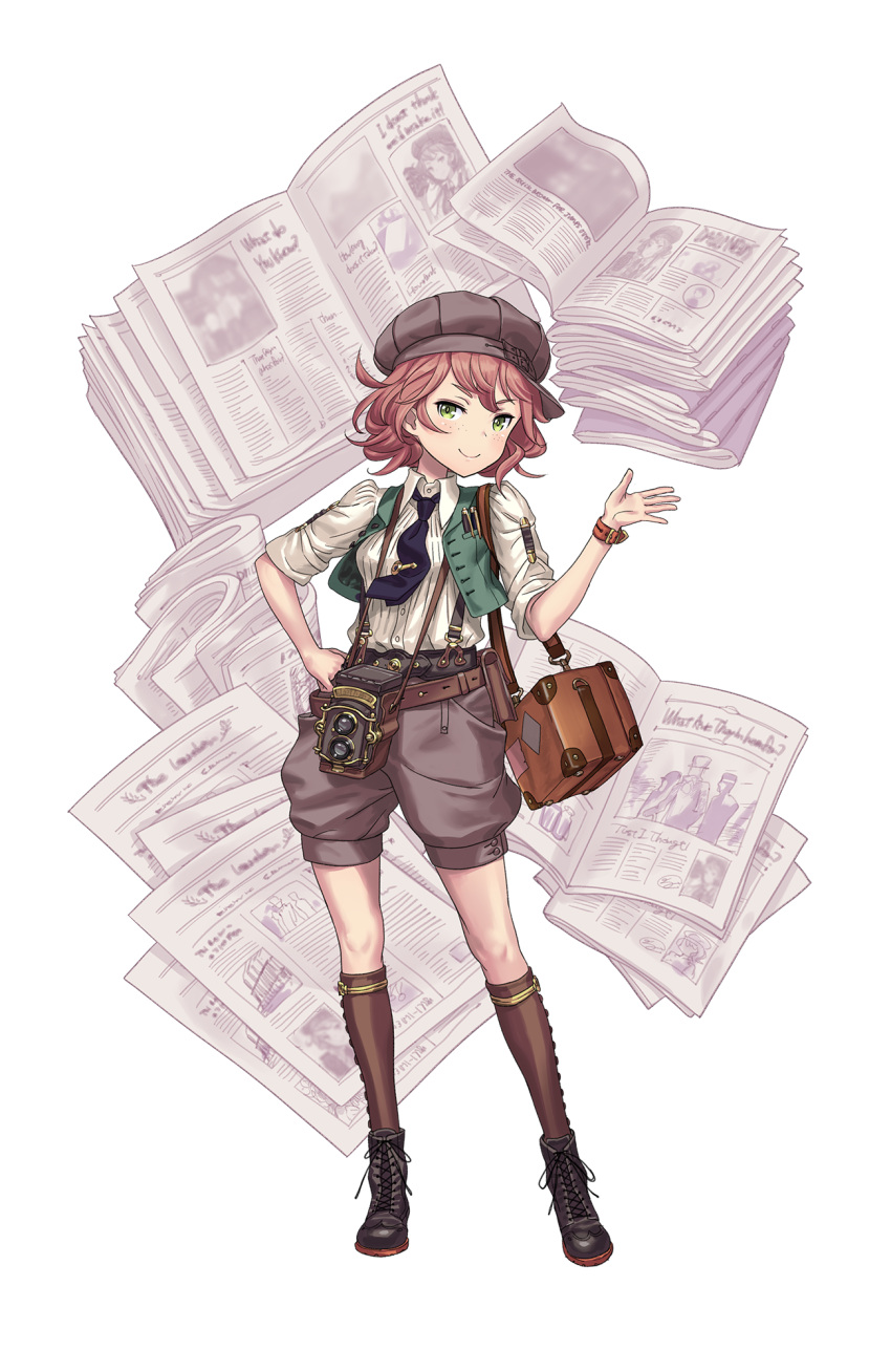 1girl, belt, black_shoes, brown_legwear, camera, cathy_higgins, freckles, green_eyes, hand_on_hip, hat, highres, looking_at_viewer, necktie, newspaper, official_art, pouch, princess_principal, princess_principal_game_of_mission, redhead, shoes, shorts, smile, solo, standing, suspenders, thigh-highs, vest, watch
