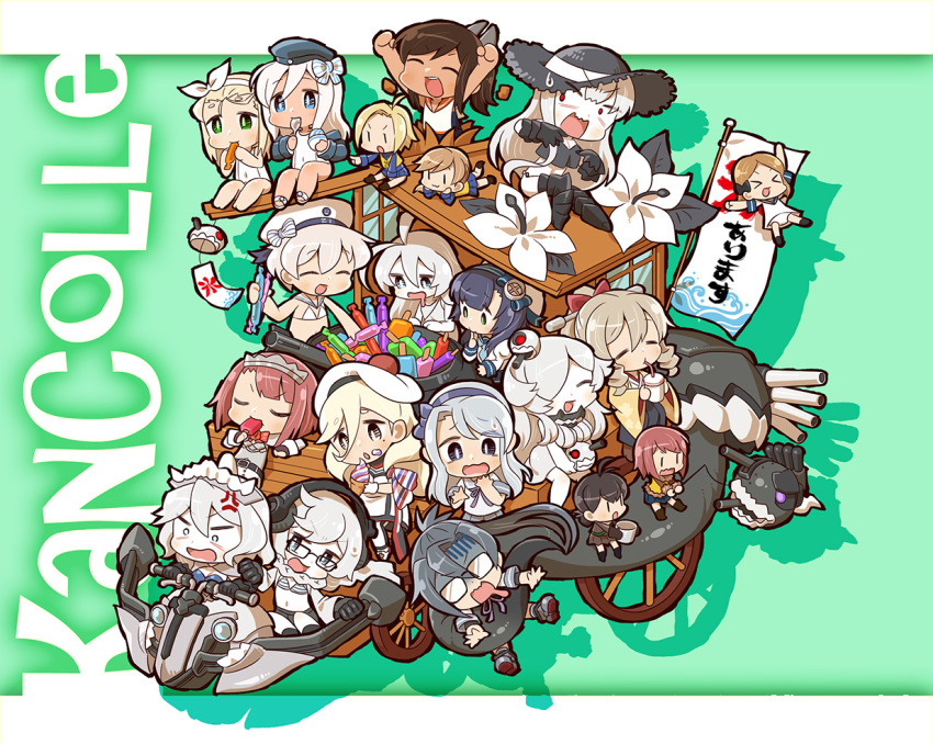 6+girls, ^_^, ^o^, ahoge, aircraft_carrier_oni, aircraft_carrier_summer_oni, amagiri_(kantai_collection), anger_vein