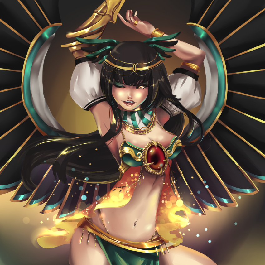 1girl, ;), absurdres, alternate_costume, armpits, arms_up, black_hair, breasts