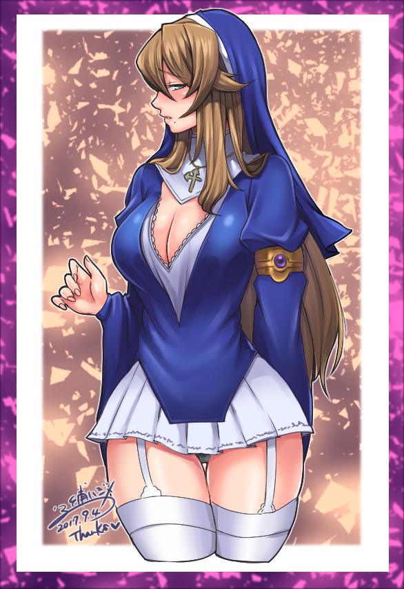 1girl, blush, breasts, brown_hair, cleavage, cowboy_shot, cross, cross_necklace