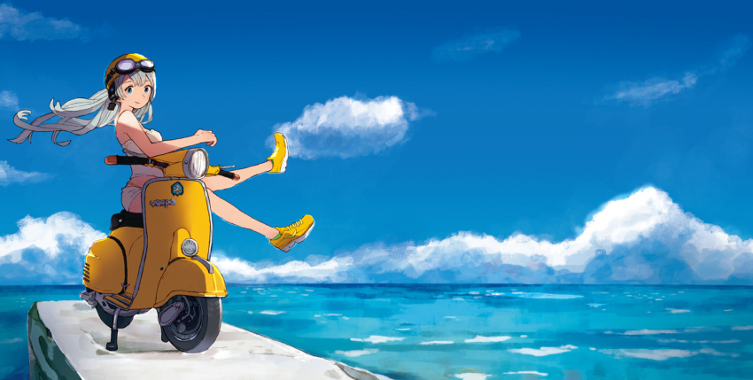 1girl, bangs, bare_arms, bare_shoulders, blue_eyes, blue_sky, closed_mouth, clouds