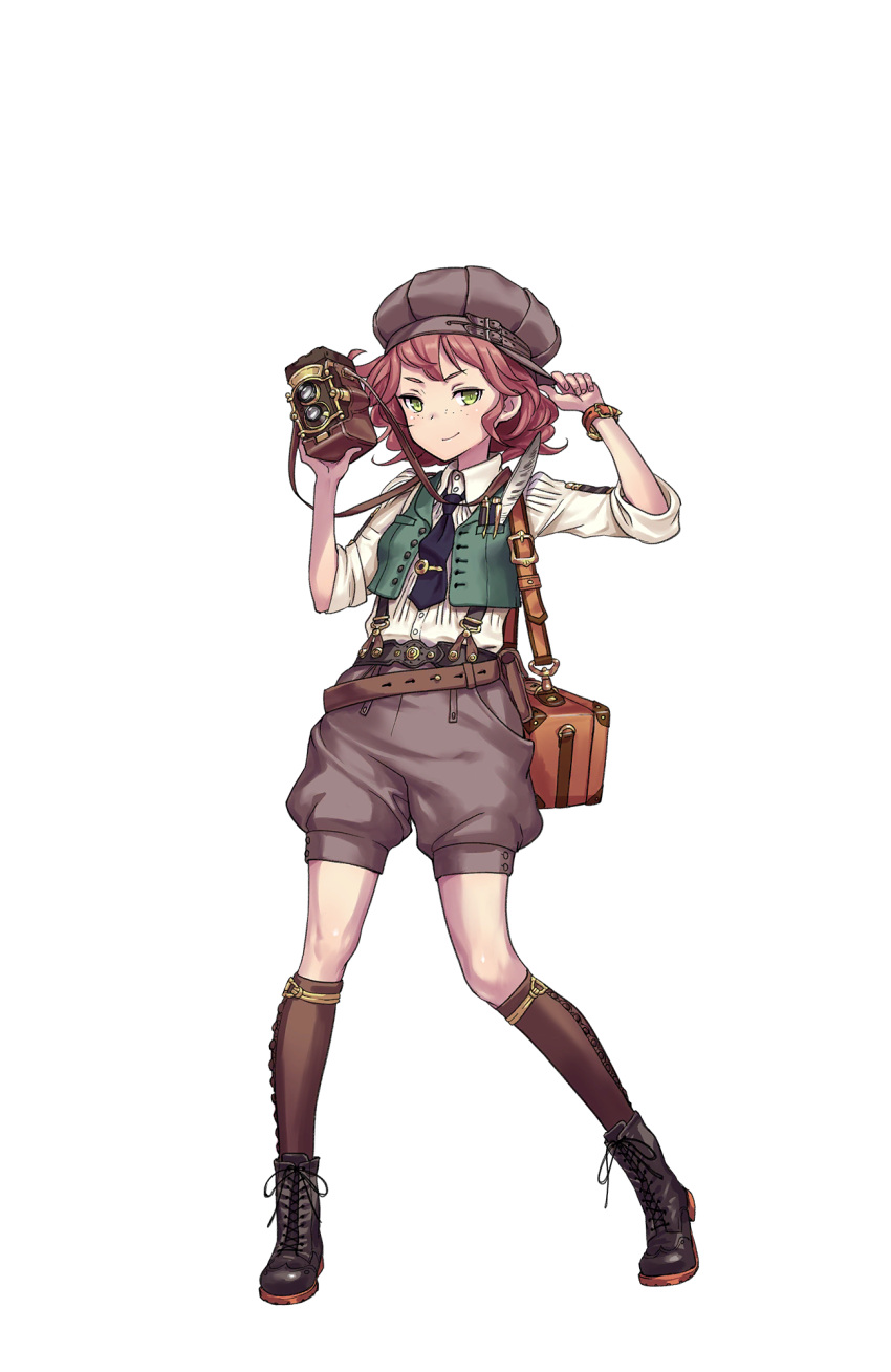 1girl, adjusting_clothes, adjusting_hat, belt, black_necktie, black_shoes, brown_hat, camera