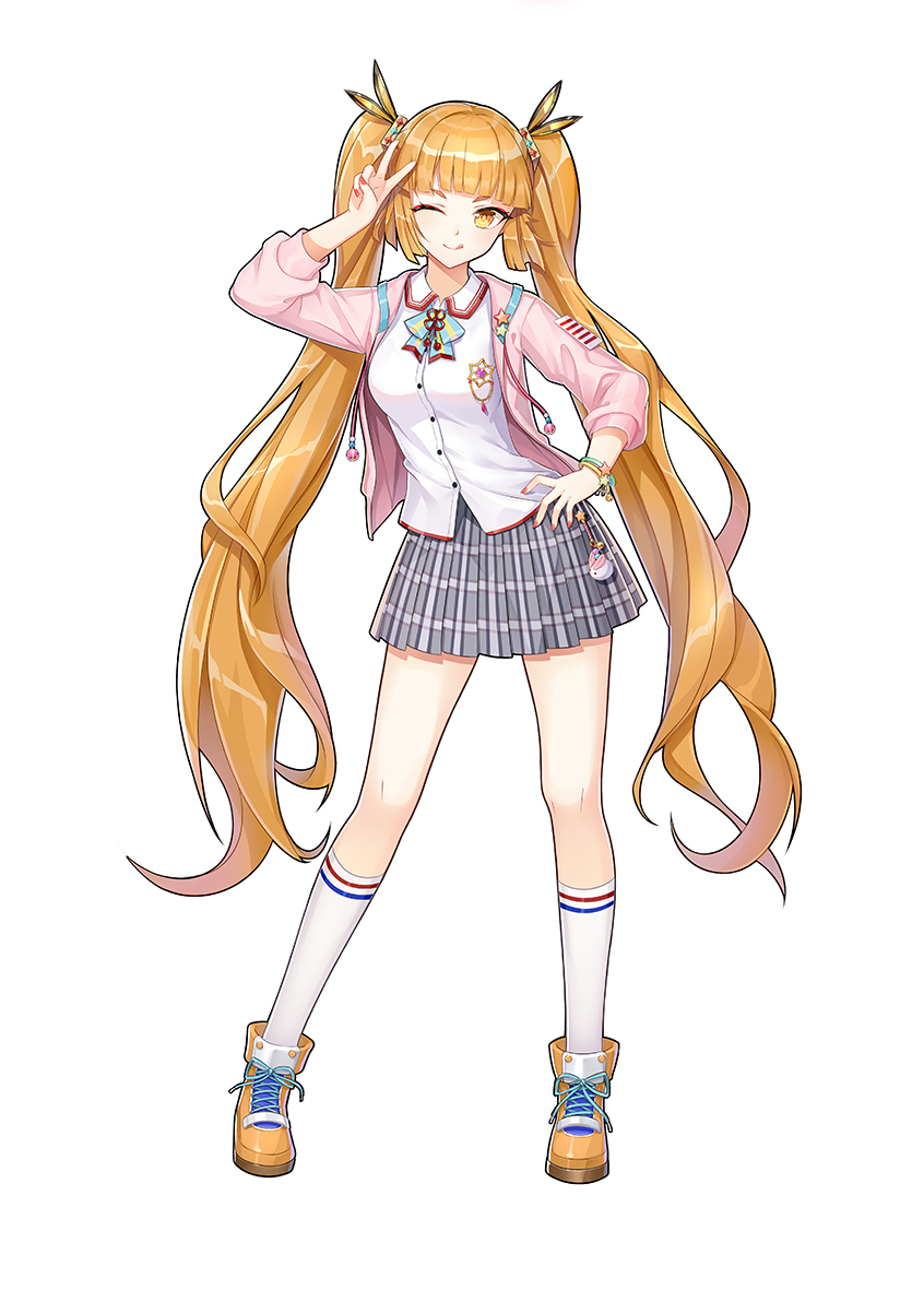 >:q, 1girl, :q, badge, bangs, blue_skirt, blunt_bangs, boots