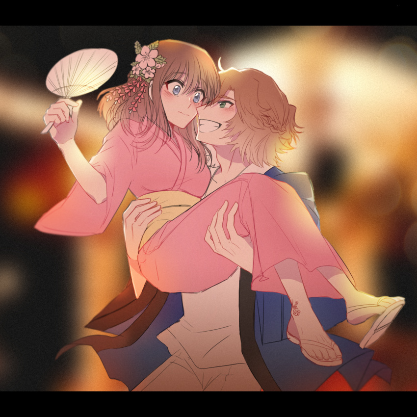 1boy, 1girl, anzu_(ensemble_stars!), blue_eyes, blurry, braid, brown_hair, carrying