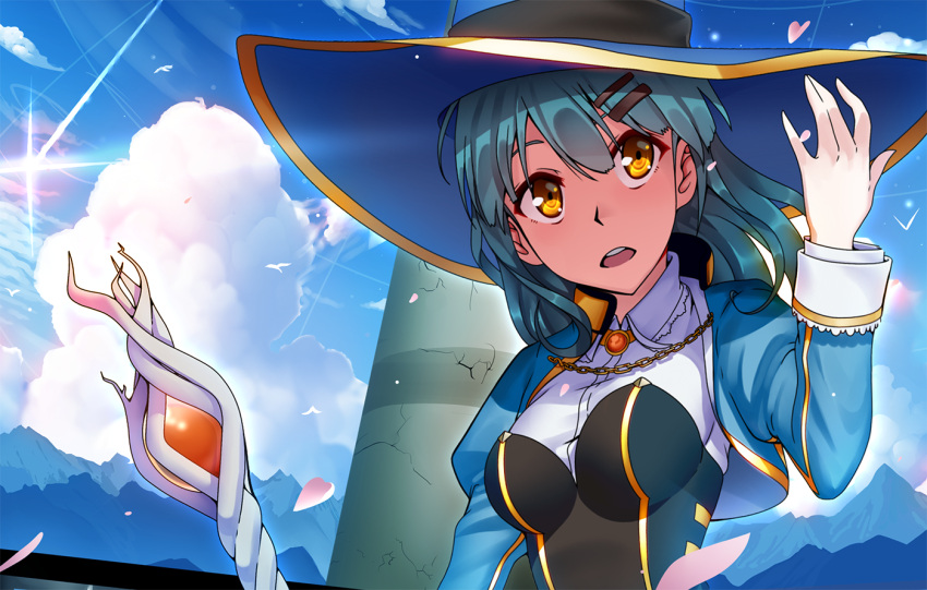 1girl, amber_(stone), aqua_hair, arm_up, bangs, bird, black_dress, blue_hair