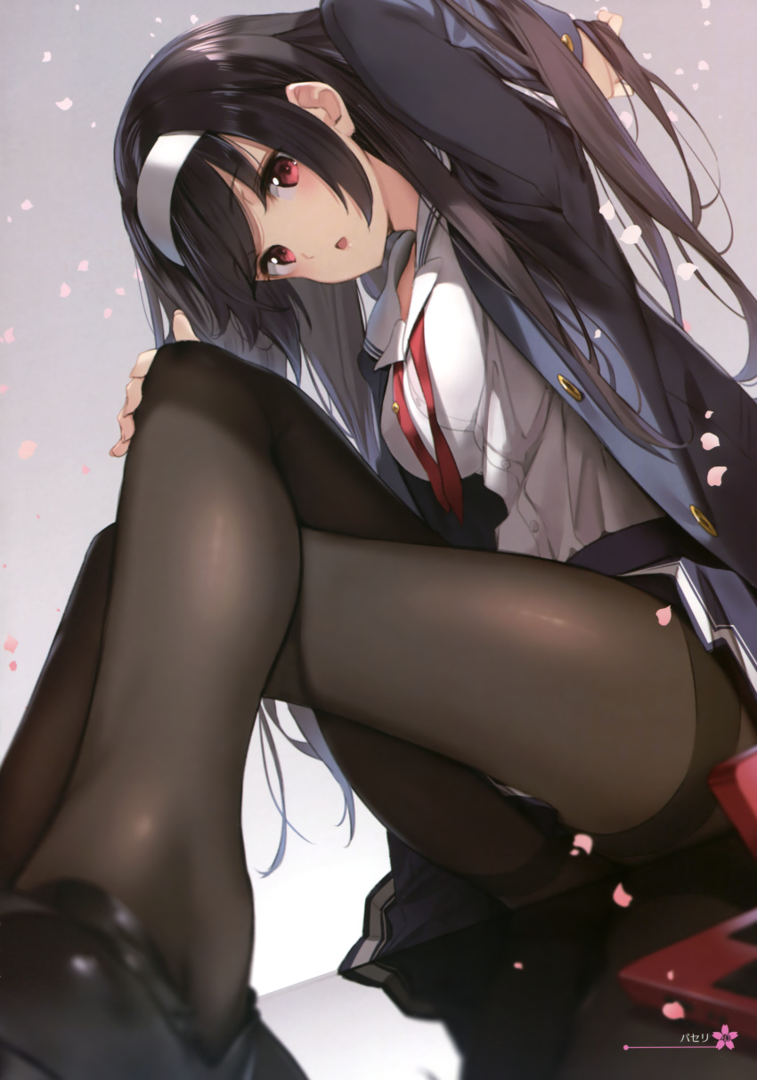1girl, absurdres, artist_name, artist_request, bangs, black_hair, black_jacket, black_shoes, black_skirt, blazer, breasts, brown_legwear, buttons, eyebrows_visible_through_hair, gradient, gradient_background, hair_tousle, hairband, hand_in_hair, hand_on_own_knee, head_tilt, highres, jacket, kasumigaoka_utaha, legs_crossed, loafers, long_hair, long_sleeves, looking_at_viewer, medium_breasts, miniskirt, open_clothes, open_jacket, open_mouth, pantyhose, parted_lips, paseri, petals, pleated_skirt, red_eyes, red_ribbon, reflection, ribbon, saenai_heroine_no_sodatekata, scan, school_uniform, shirt, shoes, short_sleeves, sidelocks, sitting, skirt, solo, thighband_pantyhose, untied_ribbon, white_hairband, white_shirt
