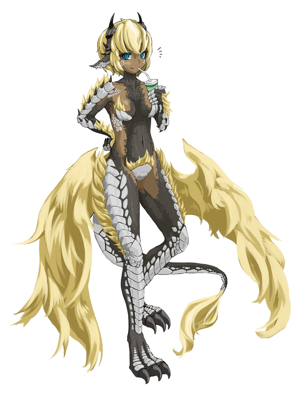 1girl, blonde_hair, blue_eyes, claws, commentary_request, cup, dark_skin, dragon_girl
