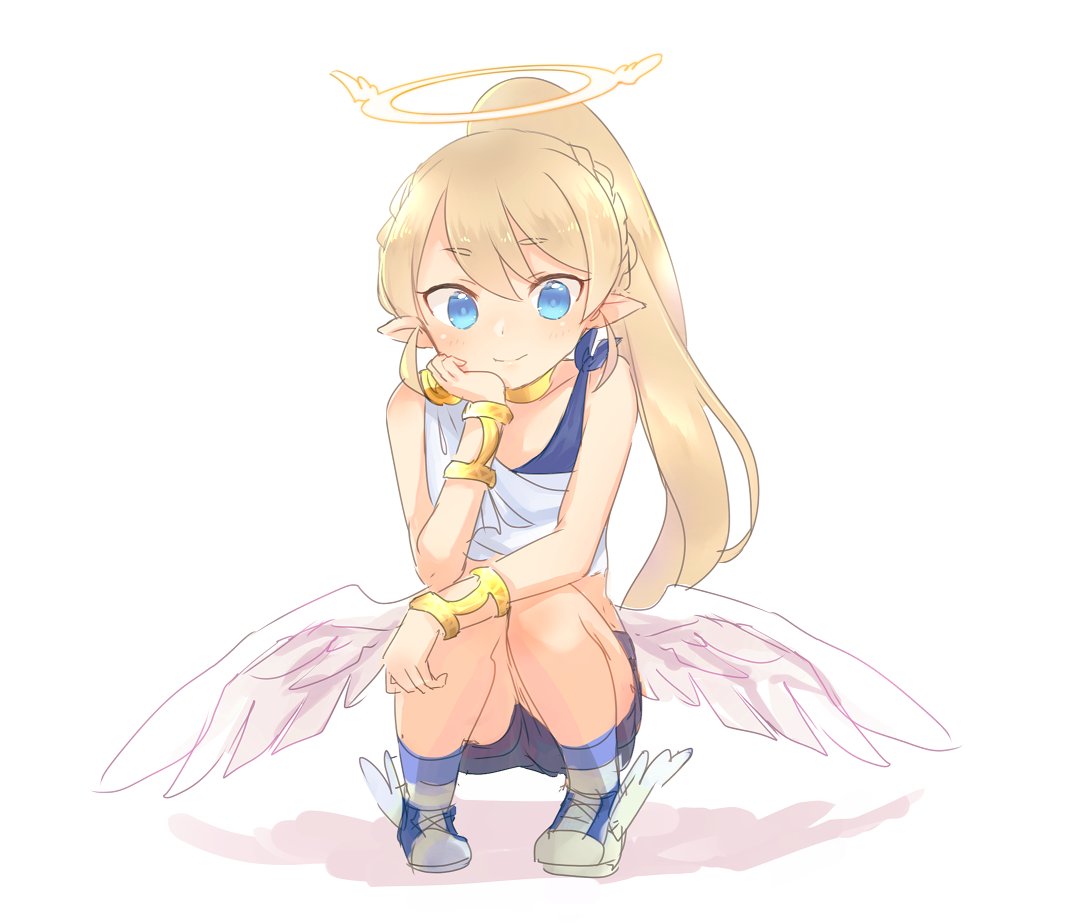 1girl, angel, blonde_hair, blue_eyes, bracelet, braid, french_braid, halo