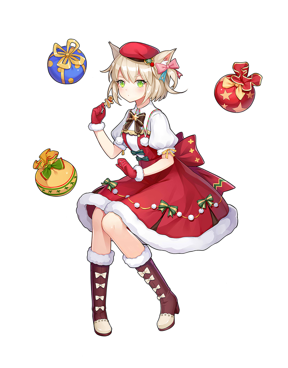 1girl, animal_ears, bangs, blonde_hair, blush, boots, closed_mouth, dress